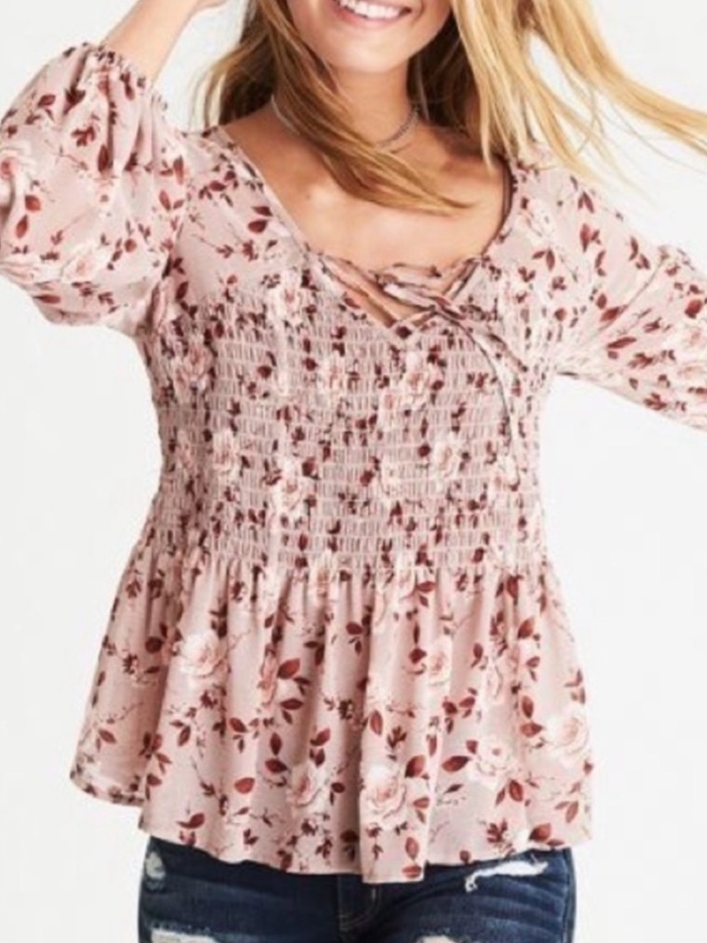AMERICAN EAGLE Smocked Tan Floral Boho Tiered Peasant Top Size Small
